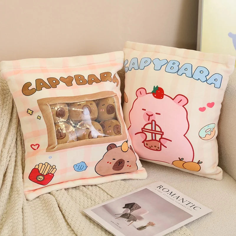 A Plushies Bag Pudding Toys Puff Balls Mini Cute Stuffed Animal Capybara Doll Removable Set Plush Pillow Snack Cushion Kids Gift