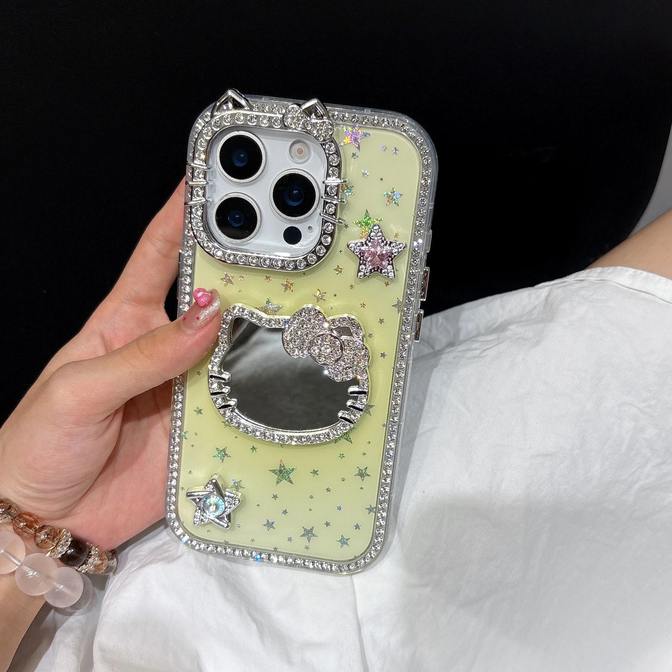 Makeup Mirror Bling Glitter Stars Phone Case For iPhone 16 15 14 13 12 Pro Max 3D Cute Sanrio Hello Kitty Shockproof Hard Cover