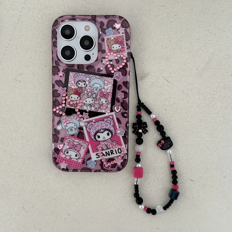 Cute Cartoon Love Heart Glitter Cinnamoroll Kuromi Kitty Melody Luxury leopard print Case For iPhone 13 14 15 16 ProMax Cover