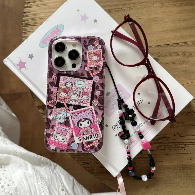 Cute Cartoon Love Heart Glitter Cinnamoroll Kuromi Kitty Melody Luxury leopard print Case For iPhone 13 14 15 16 ProMax Cover