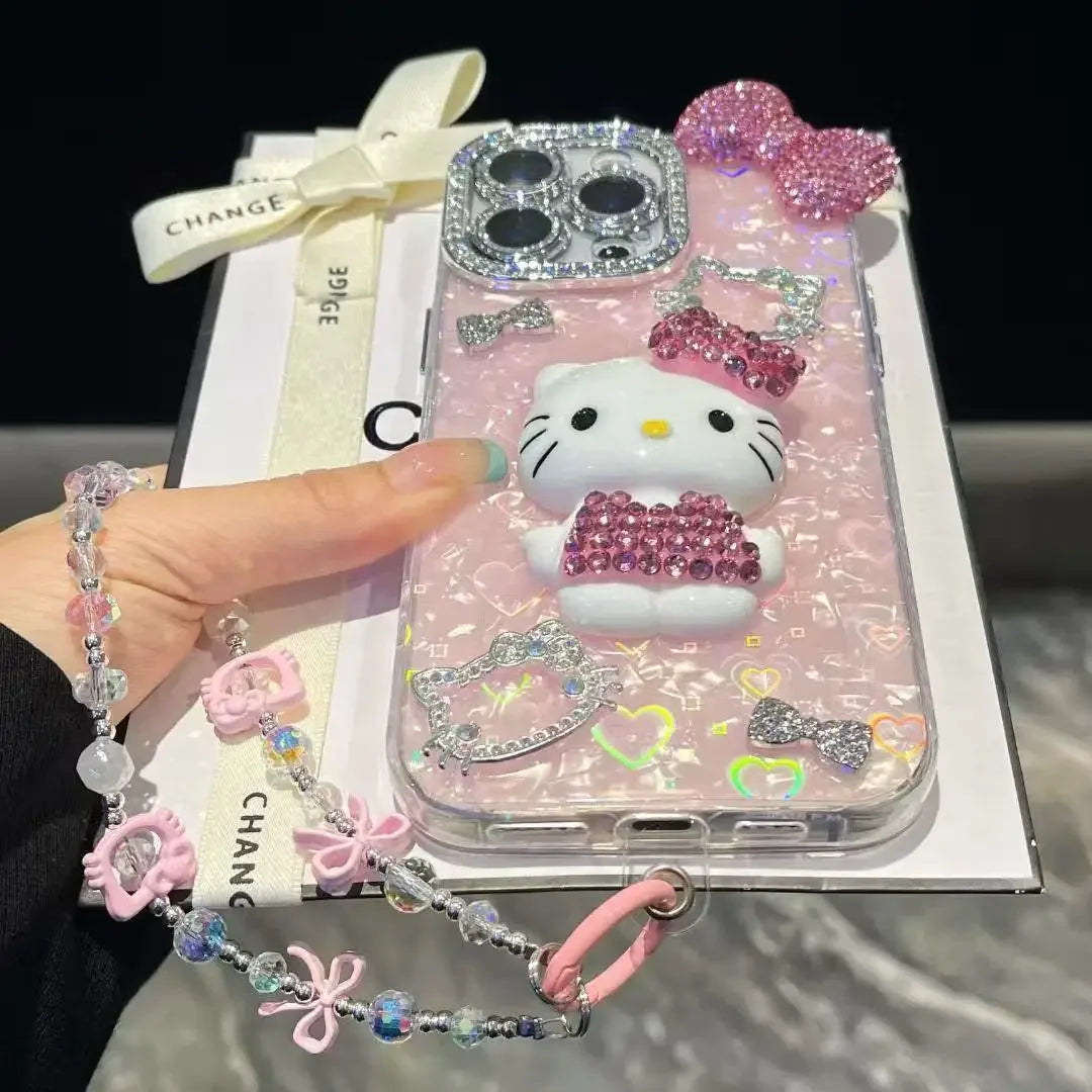 3D Stereoscopic Cute Cartoon Sanrio Hello Kitty Bling Glitter Phone Case For iPhone 17 16 15 14 13 12 11 Pro Max Hard Cover