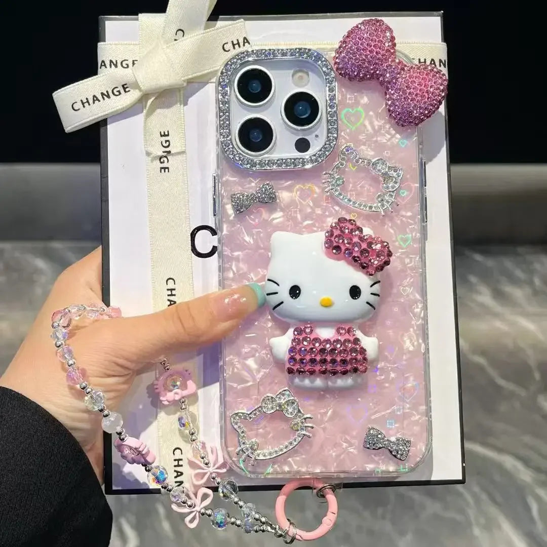 3D Stereoscopic Cute Cartoon Sanrio Hello Kitty Bling Glitter Phone Case For iPhone 17 16 15 14 13 12 11 Pro Max Hard Cover
