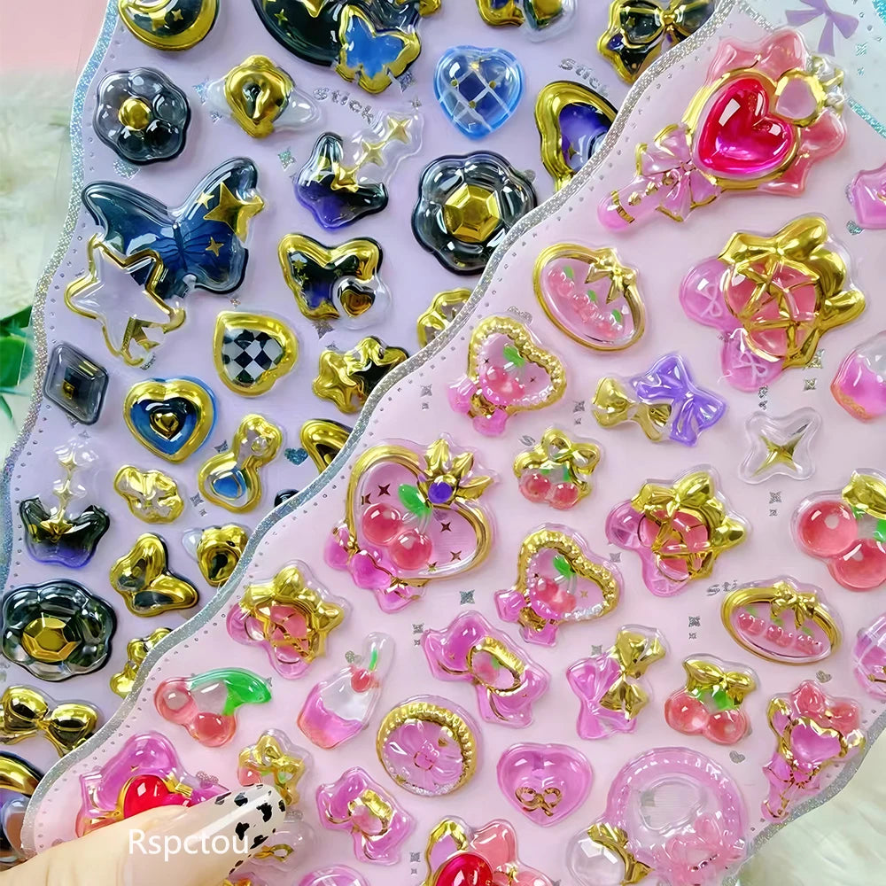 Kawaii Flower Rabbit Butterfly 3D Crystal Stickers Cute Cartoon Shell Unicorn Relief Sticker Guitar Fridge Phone Decals Toy
